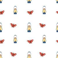 Vintage oil lantern and red butterflies seamless pattern. Abstract and minimalist pattern. Camping lantern vector