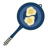 Frying pan with fried eggs illustration on a white background. View from above. Cooking, Egg omelette, Blue pan vector