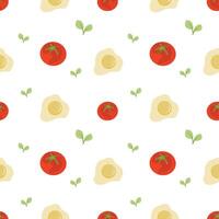 Seamless Pattern with Fried Eggs, tomatoes and greens on a white background. Balanced Breakfast concept. Ingredients for healthy breakfast vector