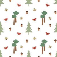 Forest seamless pattern on a white background. Mushrooms, boletus, butterflies, moth, trees. Abstract and simple pattern. Hand drawn forest textile vector