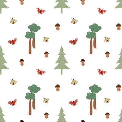 Forest seamless pattern on a white background. Mushrooms, boletus, butterflies, moth, trees. Abstract and simple pattern. Hand drawn forest textile