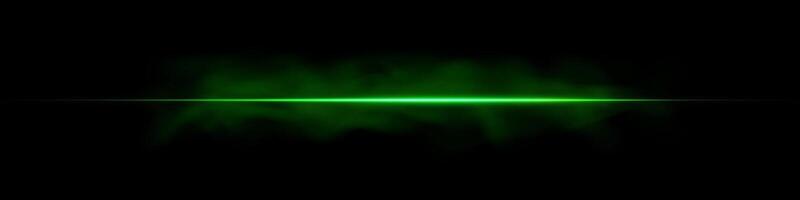 Green neon laser beams streak across black background with glowing flare and dynamic energy. Fast motion and digital shine create futuristic party vibe. Horizontal design with abstract bokeh. vector