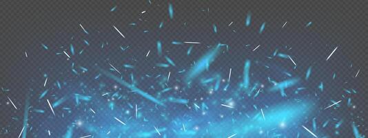 Blue fire and flying sparks on dark smoky background. Neon glow, icy embers, and cold fog create magical atmosphere. illustration with heat, dust, and metallic texture. Abstract energy effect. vector