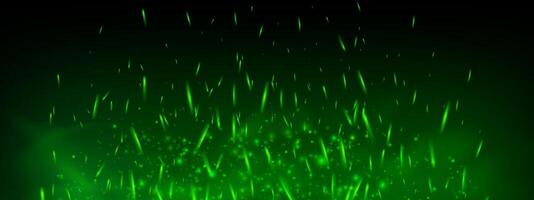Green fire and glowing sparks with magic light and toxic smoke on dark background. Abstract fantasy overlay with flying particles, mist, flame and glitter. Mysterious festive energy effect. vector