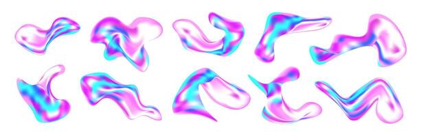 3D liquid abstract shapes with chrome and holographic effect. Iridescent blobs, splashes and doodles in Y2K style. Floating geometric forms with neon glow, gradient texture and fluid motion. vector