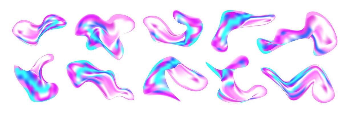 3D liquid abstract shapes with chrome and holographic effect. Iridescent blobs, splashes and doodles in Y2K style. Floating geometric forms with neon glow, gradient texture and fluid motion.