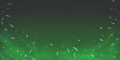 Green magical fire sparks and glowing embers. Toxic smoke, fog and abstract particles on black background. Fantasy 3D effect with shiny flare, fairytale energy and neon light overlay. vector