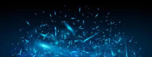 Blue fire smoke and light with icy sparkle and glowing flame. Abstract dark background with dust, fog and flying embers. Neon energy effect in realistic 3D style. Perfect for game or wallpaper. vector