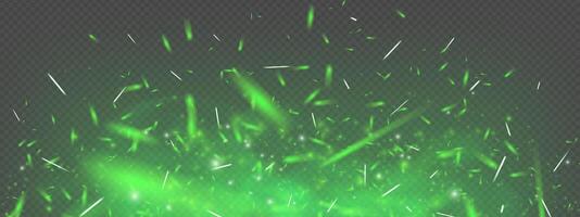 Green fire and glowing sparks with magic light and toxic poison smoke on dark background. Abstract fantasy overlay with flying particles, mist, flame and glitter. Mysterious festive energy effect. vector