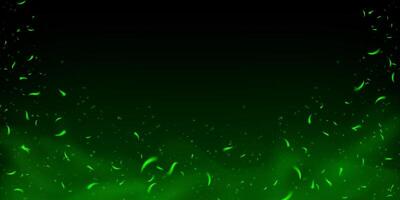 Green magic fire and glowing sparks with flame and toxic fog. Dark fantasy background with flying particles, neon glow, bokeh and ember effect. Abstract festive texture with energy burst. vector