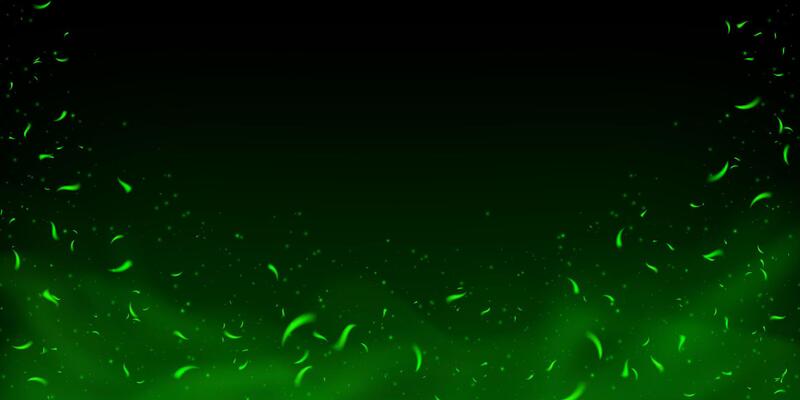 Green magic fire and glowing sparks with flame and toxic fog. Dark fantasy background with flying particles, neon glow, bokeh and ember effect. Abstract festive texture with energy burst.