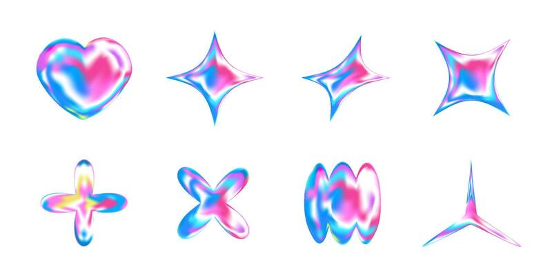 3D Y2K chrome icons with stars, hearts, snowflakes and fluid shapes. Holographic silver elements with glossy sparkle and gradient glow. Abstract futuristic set with iridescent effect.