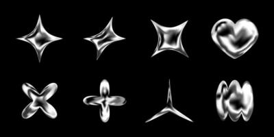 3D chrome shapes in Y2K silver style with stars, hearts and metallic liquid elements. Glossy futuristic icons and geometric figures. Isolated abstract gradient objects with sparkles. Eps illustration vector