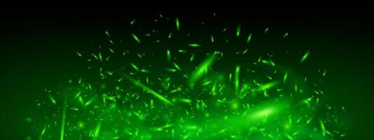 Green magical flame with glowing sparks and flying embers. Neon fire effect with fog, smoke and toxic mist on dark background. Fantasy texture with sparkle, shine and fairytale energy burst. vector
