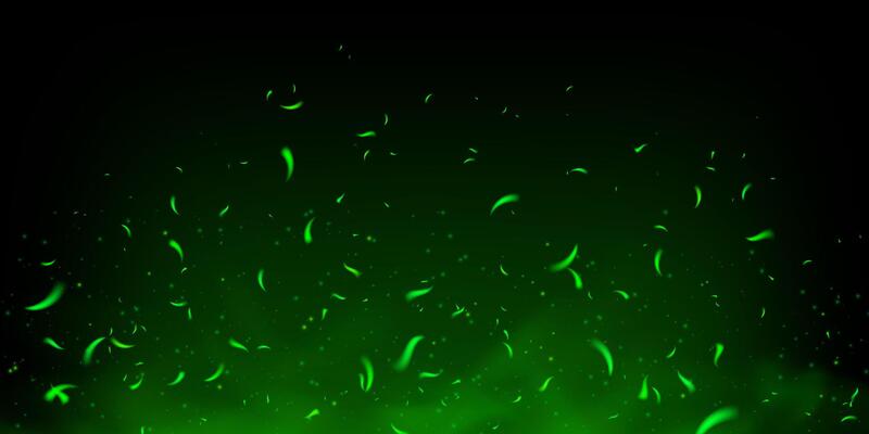 Glowing green sparks and magical fire effect with smoke, fog and toxic poison mist. Abstract dark background with flying particles, neon shine and festive fairylight texture. illustration