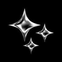 3D chrome stars and glossy silver elements with futuristic Y2K style. Abstract geometric shapes with glitter, flare and cosmic shine. Sleek metallic forms with fluid bling and holographic spark. vector
