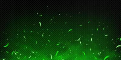 Green magic fire and glowing chaotic sparks with flame and toxic fog. Dark fantasy background with flying particles, neon glow and ember effect. Abstract festive texture with energy burst. vector