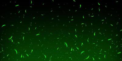 Green magical spark and fire effect on dark smoky background. Glowing particles and ember flames create abstract festive scene. Toxic fog, fairy glitter and neon light add fantasy and mystery. vector