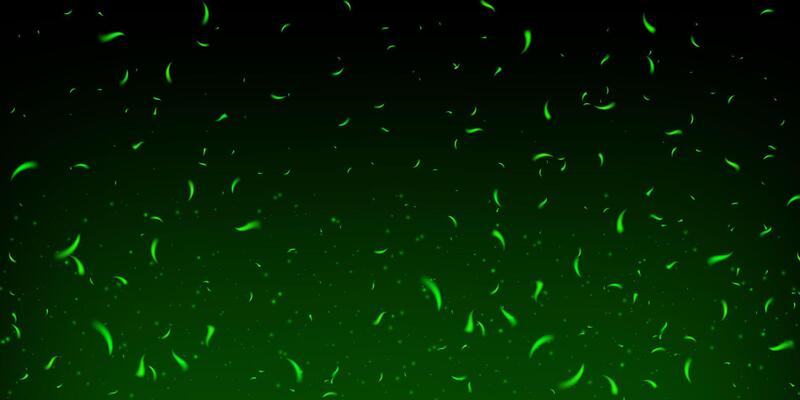 Green magical spark and fire effect on dark smoky background. Glowing particles and ember flames create abstract festive scene. Toxic fog, fairy glitter and neon light add fantasy and mystery.