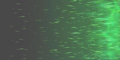 Glowing green sparks and magical fire effect with smoke, fog and toxic mist. Abstract dark background with flying particles, neon shine and festive fairy light texture. illustration vector