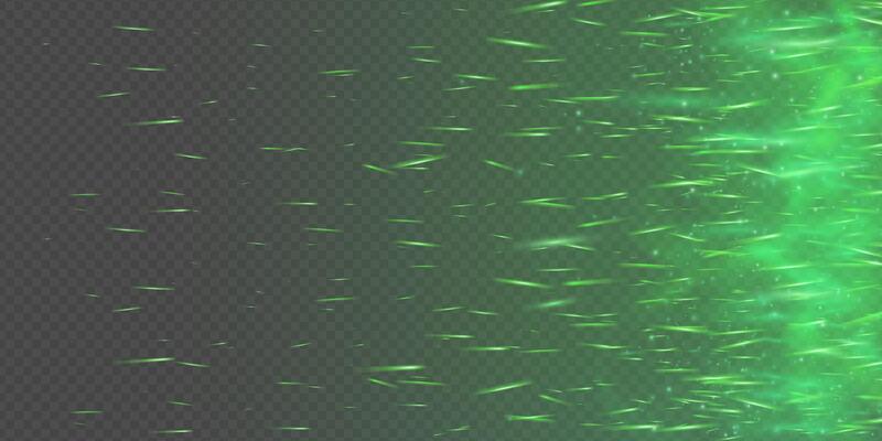 Glowing green sparks and magical fire effect with smoke, fog and toxic mist. Abstract dark background with flying particles, neon shine and festive fairy light texture. illustration