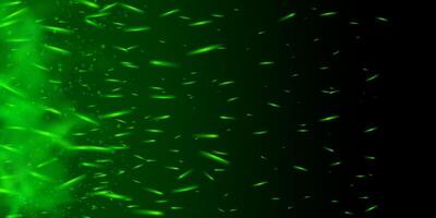 Burning green fire with glowing dynamic sparks and emerald flame. Magic smoke, fog and toxic mist create abstract fantasy atmosphere. Shiny neon light with flying particles and witchcraft energy. vector