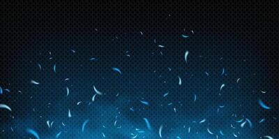 Blue fire with glowing sparks and flying particles on dark smoky background. Neon glow, icy embers, and heat effects create a magical abstract scene. texture with flare, dust, and metal shine. vector
