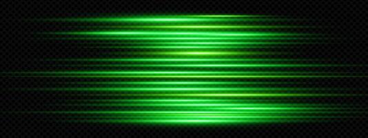 Green neon laser beams flash across black background with futuristic glow and electric energy. Dynamic speed lines and techno sparkle create sci fi atmosphere. Perfect for party or tech posters. vector