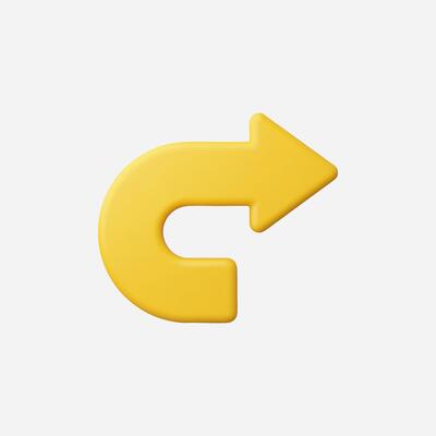 Yellow 3D curved arrow pointing right, digital illustration