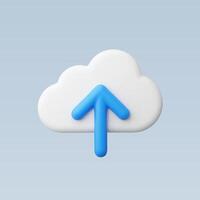 3D render of cloud upload icon, blue arrow, white cloud, light blue background vector