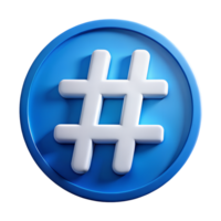 3D Render of a White Hashtag Symbol on a Blue Circle Icon for Social Media png
