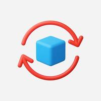 3D render of a blue cube rotating within a red circular arrow, symbolizing continuous process or cycle. vector