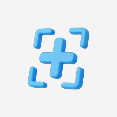 3D render of blue plus sign with corner arrows, isolated on white