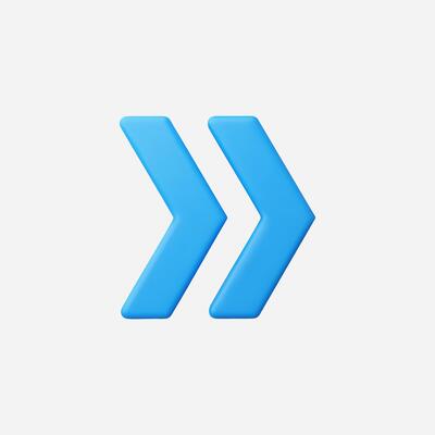 3D rendered double arrow pointing right, light blue