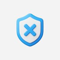 3D render of a blue shield icon with a cross, symbolizing rejection or cancellation. vector