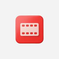 Red square button with film reel icon, 3D render vector