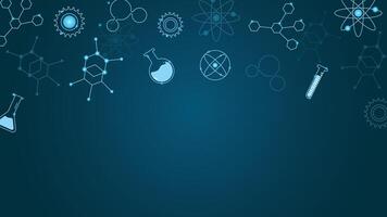 Technology inspired science background featuring glowing lab flasks test tubes atoms gears and molecules on a dark blue gradient backdrop perfect for research or education themes vector
