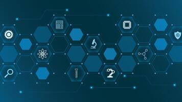 Futuristic hexagonal background featuring science technology and research icons on glowing blue interface perfect for modern digital projects and presentations vector