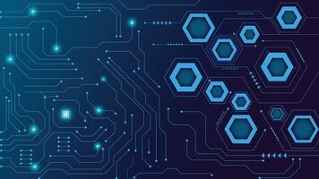 High tech background featuring glowing blue circuit lines and hexagonal patterns on a dark gradient for digital, sci fi, or electronic themes vector