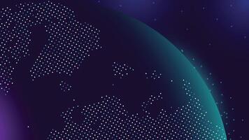 Stylized dotted world map with glowing earth effect and digital tech theme on a dark starry gradient background vector