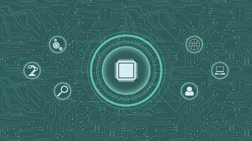 Futuristic green tech background featuring a central microchip and multiple digital technology icons on circuits vector