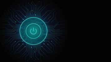 Futuristic glowing power button in center with digital circuit lines on a dark background ideal for tech themes vector