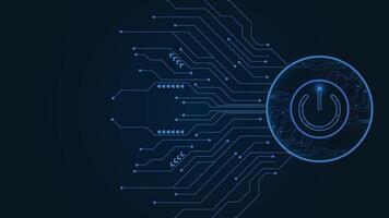 Blue glowing power button on the right side with abstract circuit lines on a dark tech themed background vector