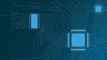 Abstract technology circuit board background with glowing blue lines and microchips ideal for tech themes vector