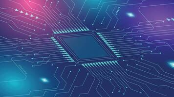 Modern tech background showing a central microchip with glowing connections and circuit lines for digital, AI, and computing themes vector