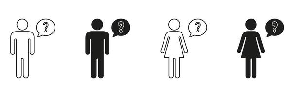 Male And Female Question Mark Speech Bubble Icon Set. Communication, Inquiry, And Curiosity Outline And Silhouette Symbol Collection. Human Interaction And Dialogue. Isolated Illustration vector