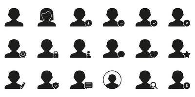 User Profile Management Icon Set. User Interaction, Account Settings, And Privacy Control Silhouette Symbol Collection. Includes Add, Remove, Edit, And Search Functions. Isolated Illustration vector
