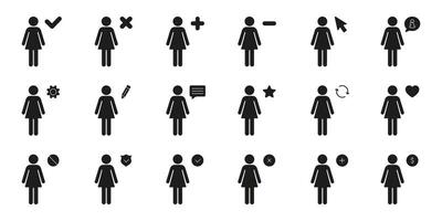 Female User Interface Icons Solid Icon Set. User Interaction, Profile Management, Communication Silhouette Symbol Collection. Includes Check, Cross, Plus and Minus Icon. Isolated Illustration vector