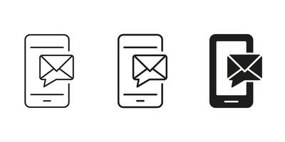 Smartphone With Email Notification Icon Set. Mobile Messaging, Communication, And Email Alert Outline And Silhouette Symbol Collection. Digital Connectivity. Isolated Illustration vector