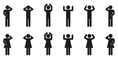 Silhouette People In Various Poses Icon Set. Human Figures Expressing Different Emotions And Gestures Solid Symbol Collection. Communication And Body Language. Isolated Illustration vector